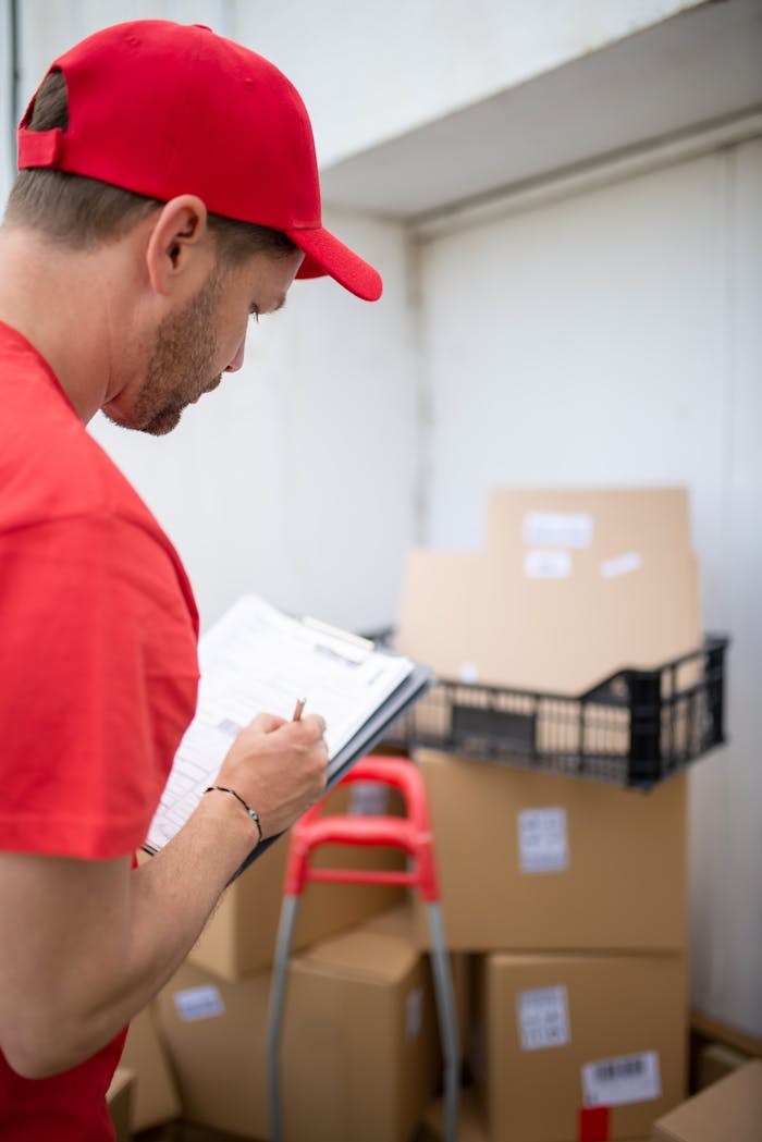 Crafting Captivating Headlines: Your awesome post title goes here A courier in a red uniform checks inventory in a warehouse setting.
